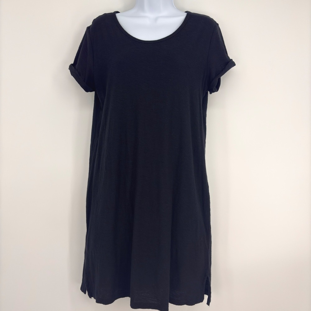 Standard James Perse T Shirt Dress Black Midi Roll Sleeve Side Slit Lined Sz 3/L - Picture 2 of 10